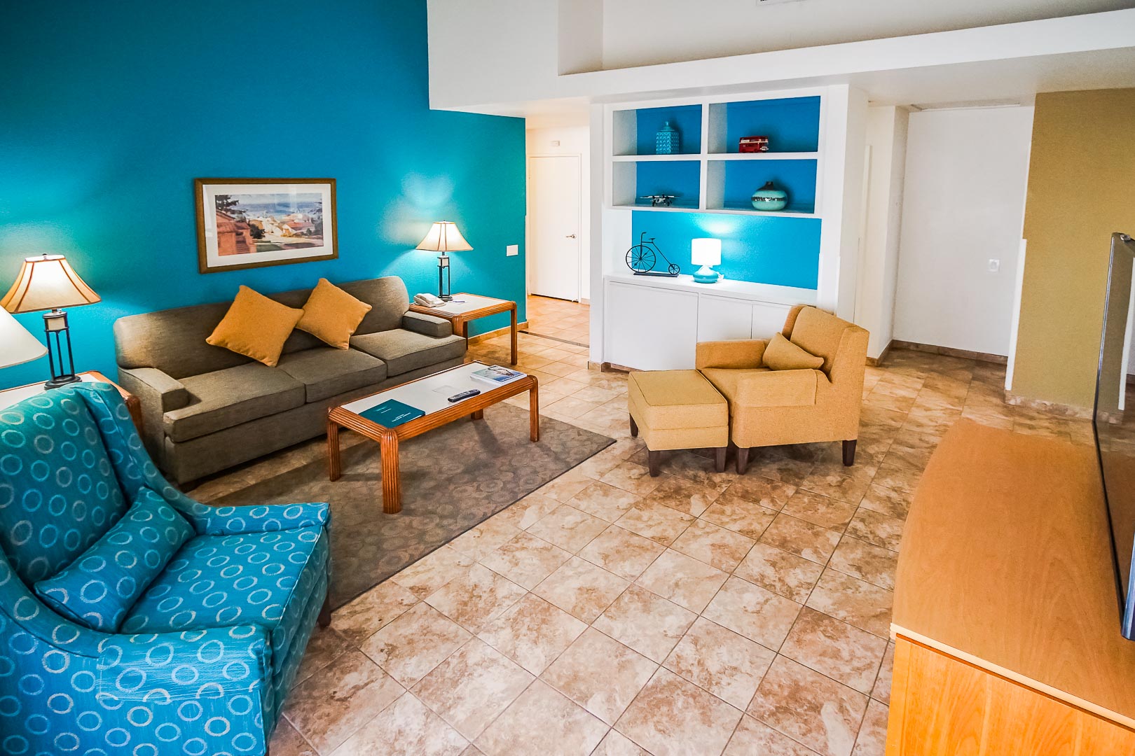 A colorful living room at VRI Americas' Desert Breezes Resort in California.